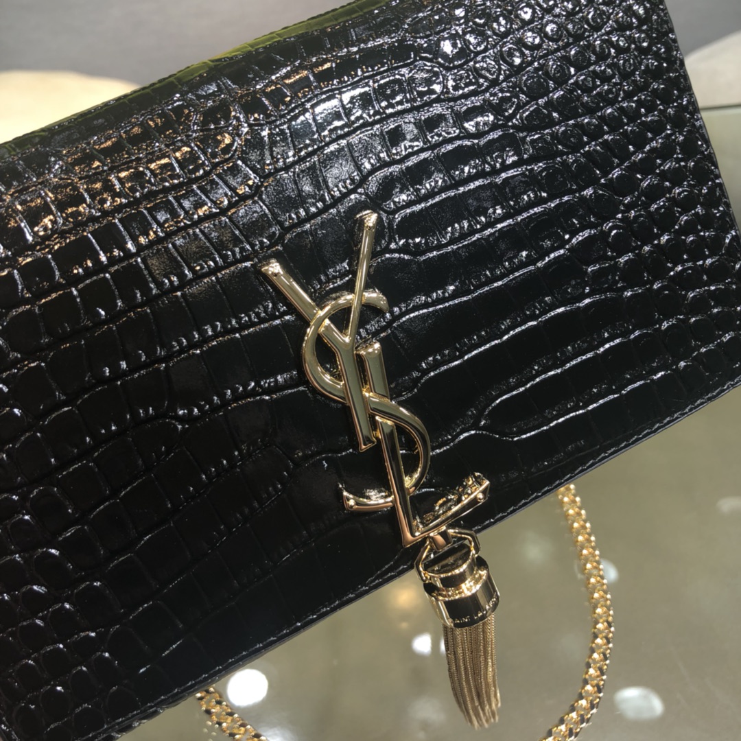 Saint Laurent Kate Tassel Small Crocodile Embossed Calfskin Shoulder Bag Handbag Black 474366 Gold